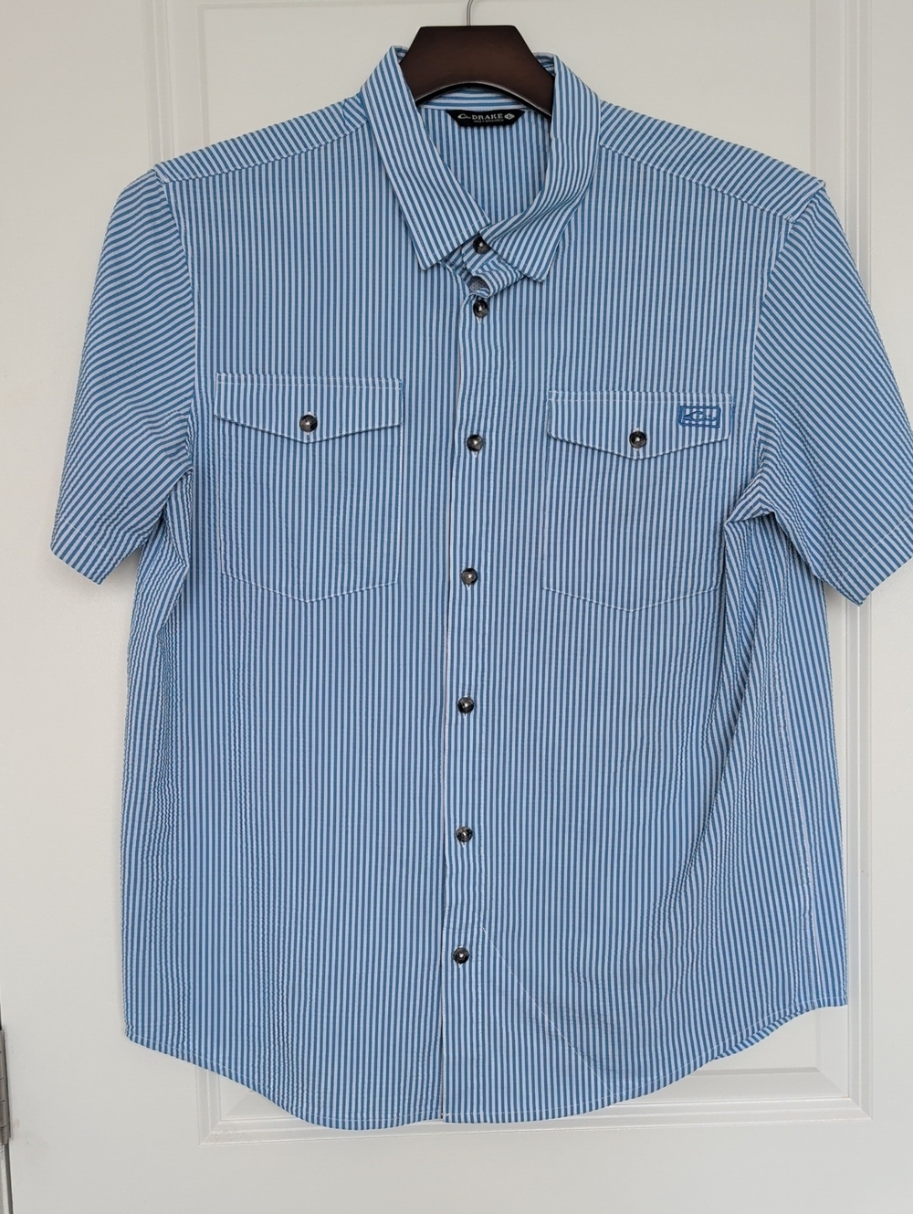 Drake Blue and White Thin-Stripe Short-Sleeve Button-Down Shirt